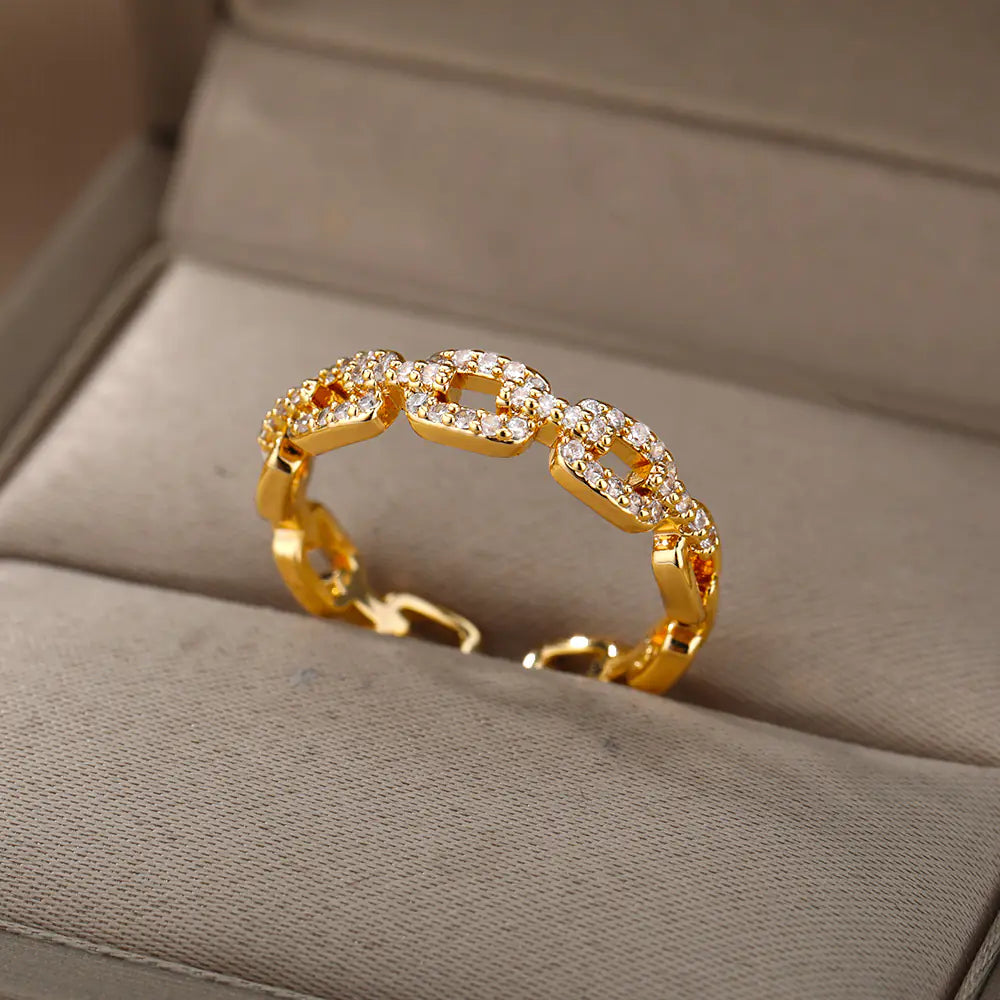 Infinite Link | Pavé Diamond-Set Chain Style Open Ring – 18K Gold & Polished Silver Finish
