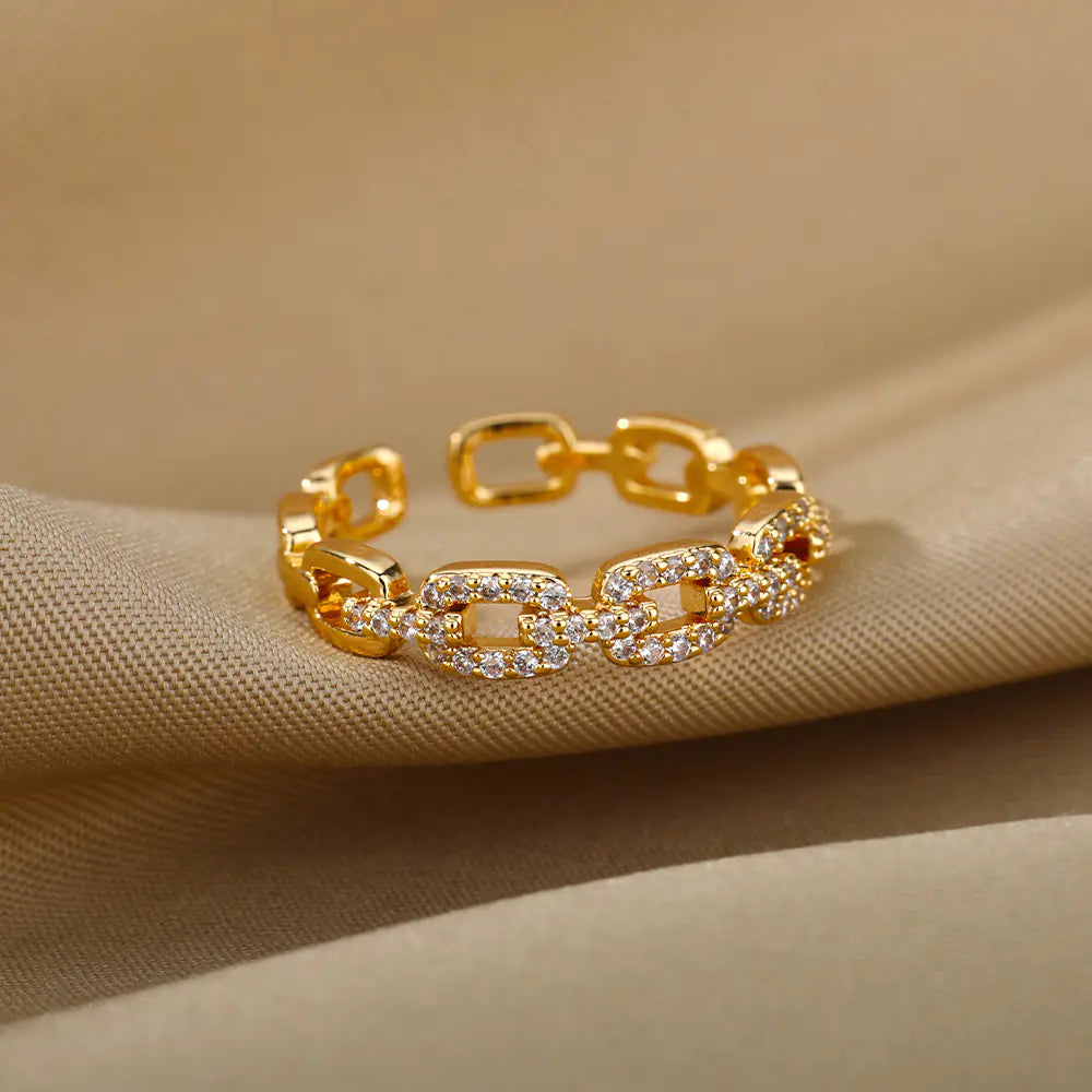Infinite Link | Pavé Diamond-Set Chain Style Open Ring – 18K Gold & Polished Silver Finish