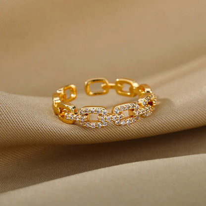 Infinite Link | Pavé Diamond-Set Chain Style Open Ring – 18K Gold & Polished Silver Finish