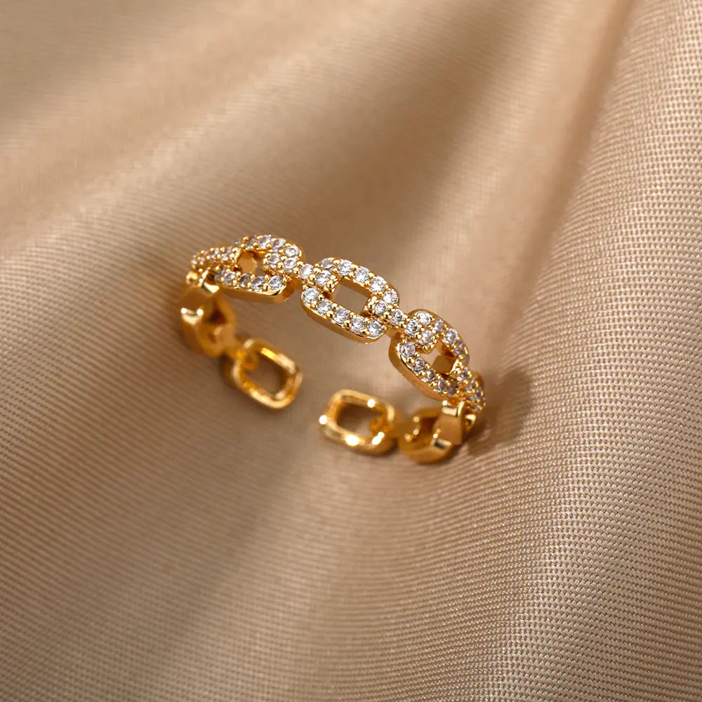 Infinite Link | Pavé Diamond-Set Chain Style Open Ring – 18K Gold & Polished Silver Finish