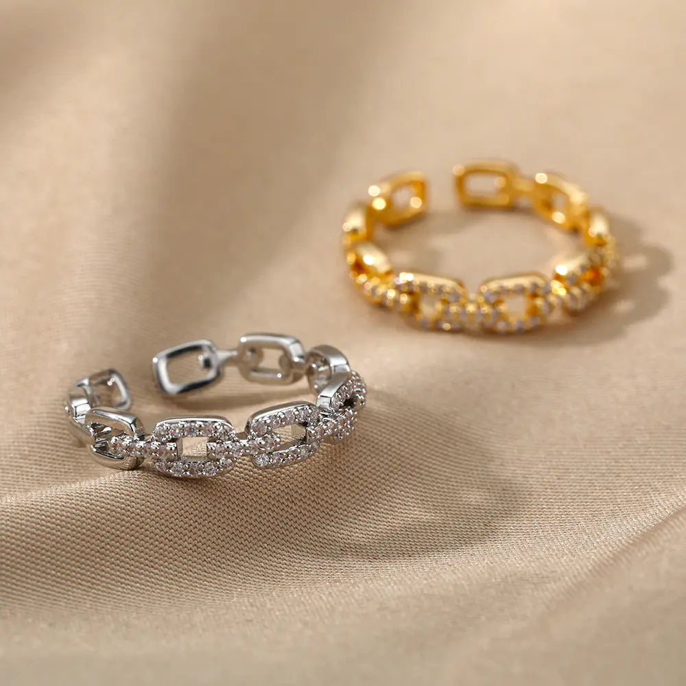 Infinite Link | Pavé Diamond-Set Chain Style Open Ring – 18K Gold & Polished Silver Finish