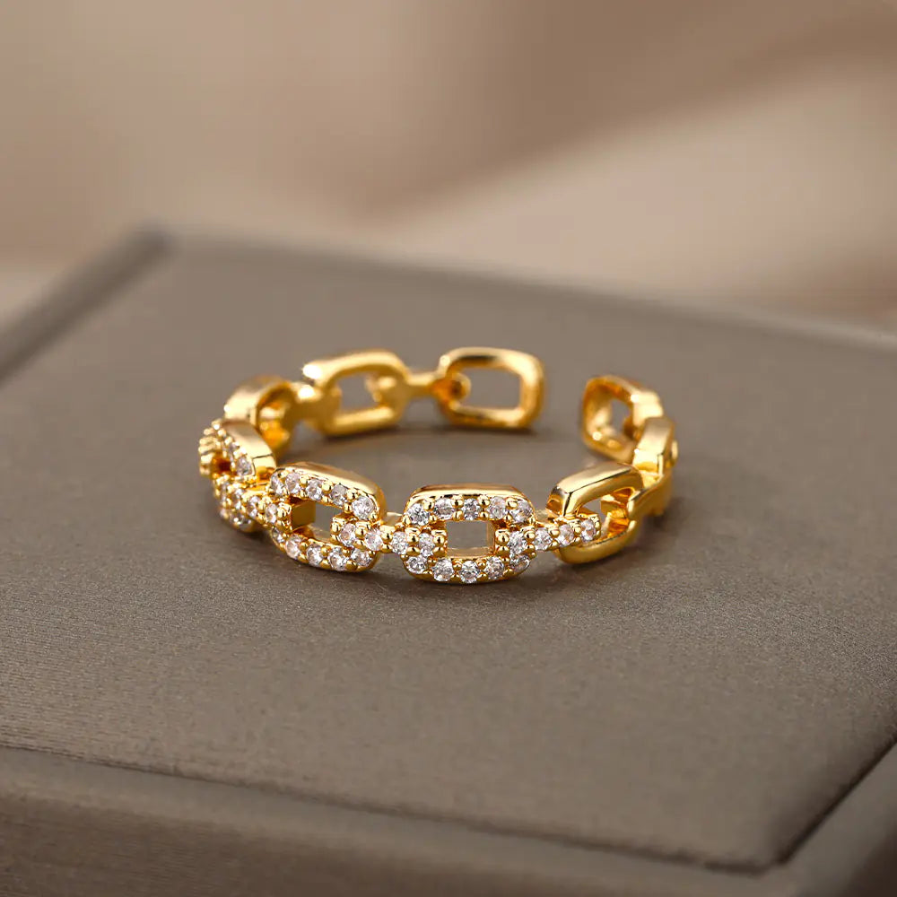 Infinite Link | Pavé Diamond-Set Chain Style Open Ring – 18K Gold & Polished Silver Finish