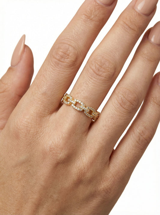 Infinite Link | Pavé Diamond-Set Chain Style Open Ring – 18K Gold & Polished Silver Finish